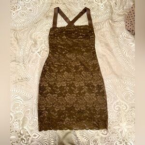 Guess Dark Green Lace Bodycon Cross Strap Mini Dress